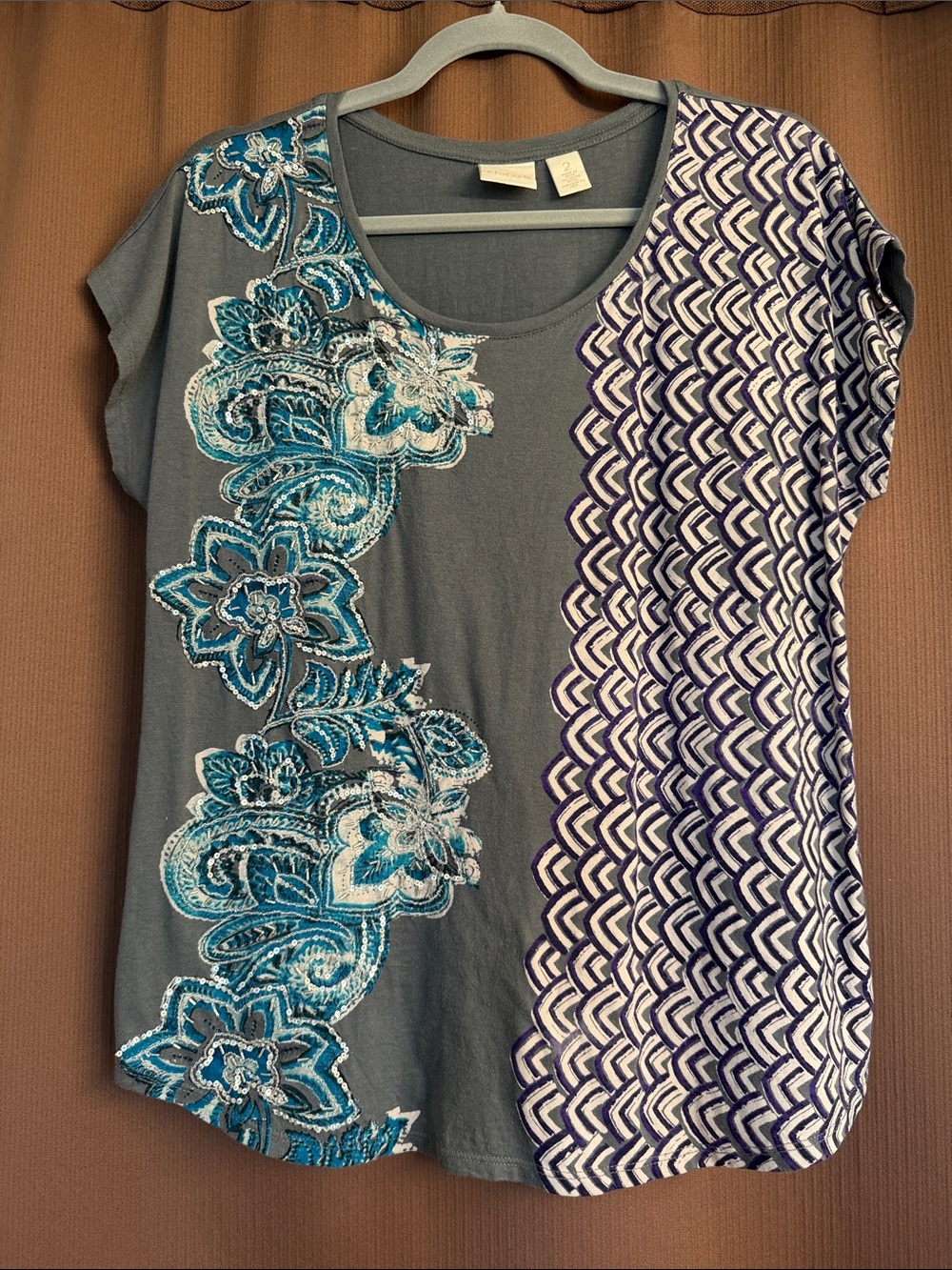 Chico's gray Tee with Teal Embroidered Floral and Geometric Panel